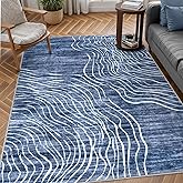 LIVEBOX Modern Abstract 5x7 Area Rugs for Living Room, Navy Blue Washable Rugs for Bedroom, Non-Slip Minimalist Neutral Wave 