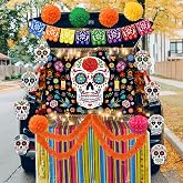 Naozinebi Halloween Dia de los Muertos Trunk or Treat Car Decorations Kit | Day of the Dead Car Decorations,Halloween Trunk or Treat Backdrop,Tablecloth and Marigold Flowers,Outdoor Party Decor