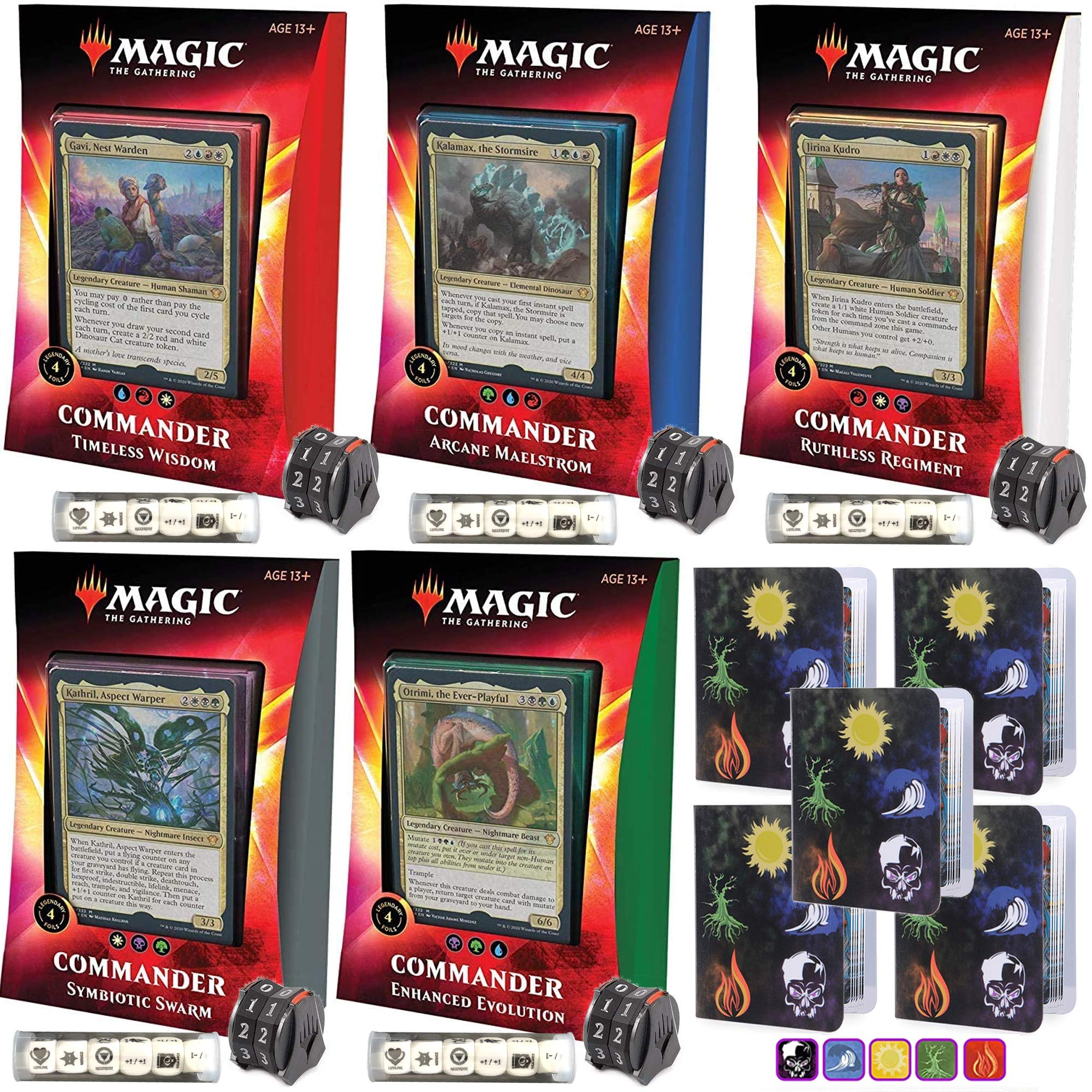 Totem World Ikoria Commander 2020 Decks Bundle with 5 Life-Counter Spindowns, 5 Collectors Binders a