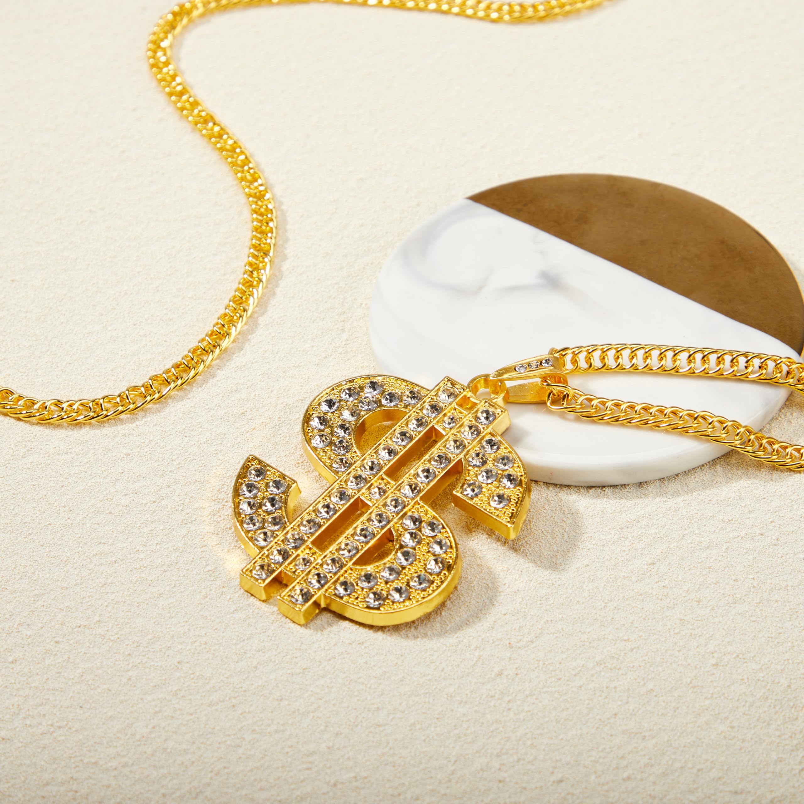 Spooktacular Creations 2 pcs Gold Dollar Chains Necklaces, Money Pendant Chain Hip Hop Dollar Sign Necklace Jewelry Halloween Accessory for Men Women Dress Up Party