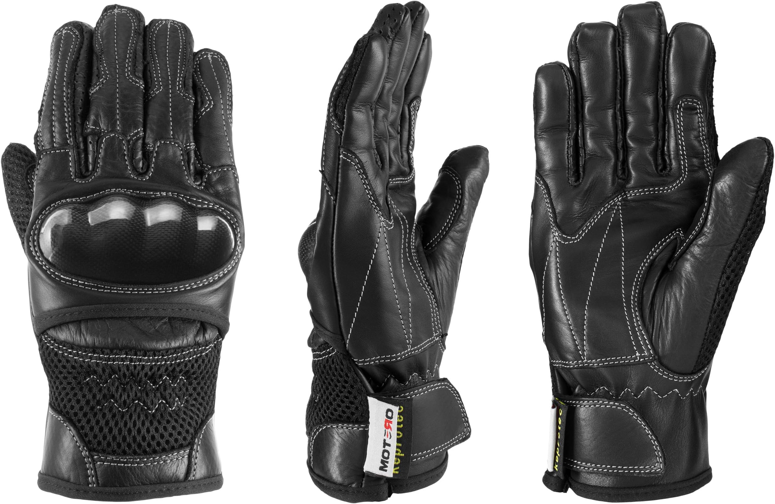 MOTERO Man Leather Motorcycle Gloves (Summer) – Full Finger, Vented, Adjustable – Carbon Kevlar Knuckle Protectors – Motorbike Accessories (XXX-Large, black)