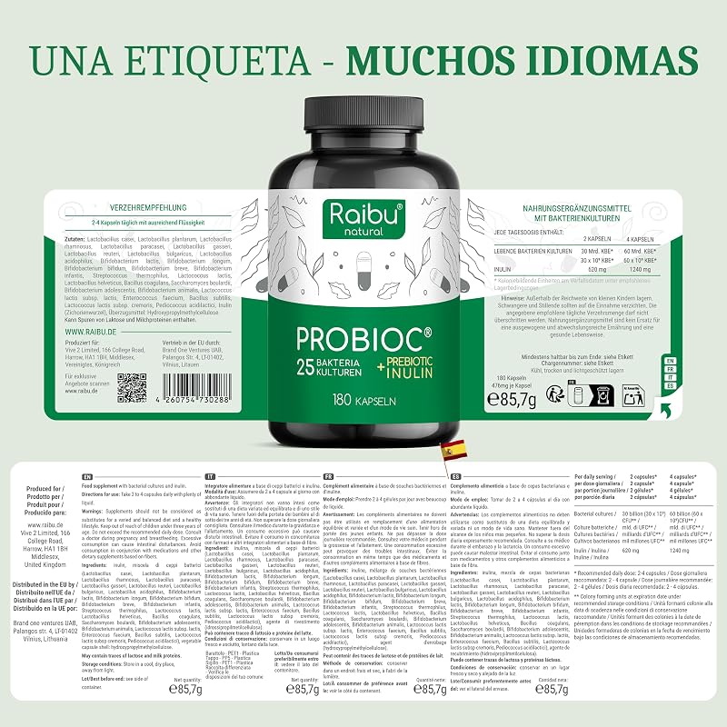 Probióticos y Prebióticos Intestinales con 25 Cepas Bacterianas + Inulina, 180 Cápsulas - 60 Mil Millones de UFC: Flora Intestinal Completa - Lactobacillus, Bifidobacterium, Máxima Concentración