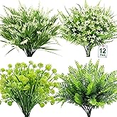 TURNMEON 12 Bundles 4 Styles Fake Plants Artificial Plants Outdoor Spring Summer Decor, Fake Flowers Outdoor Faux Plants UV Resistant Boston Fern Lavender Plastic Greenery Shrubs Outside Gardens Home