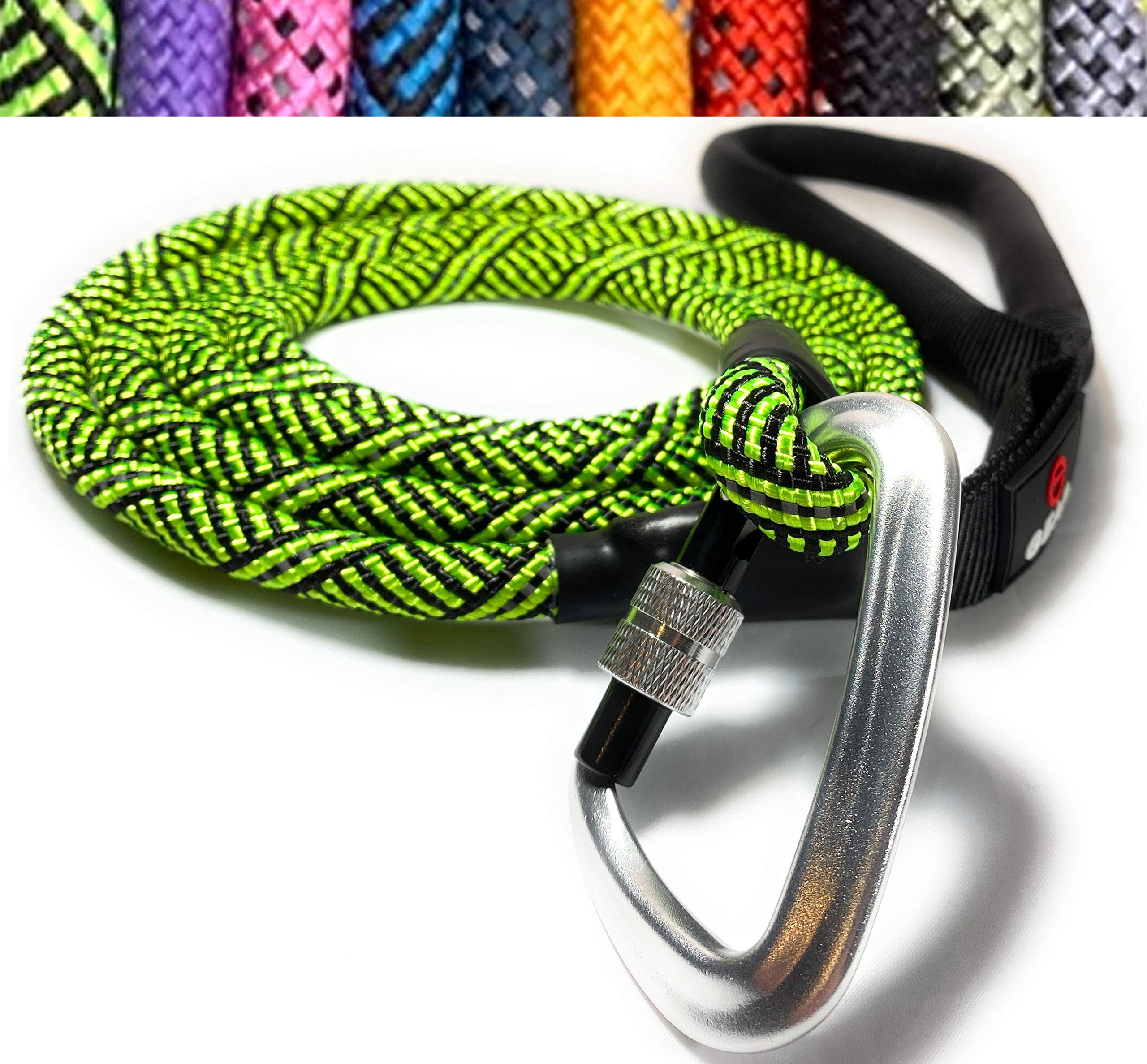 Locking Carabiner Dog Leash โ Heavy Duty Rope Leash for Large & Medium Dogs | Reflective with Strong Clip & Padded Handle for Walking, Hiking, Running, Training - 6 Ft (Bright Green) โ image 1