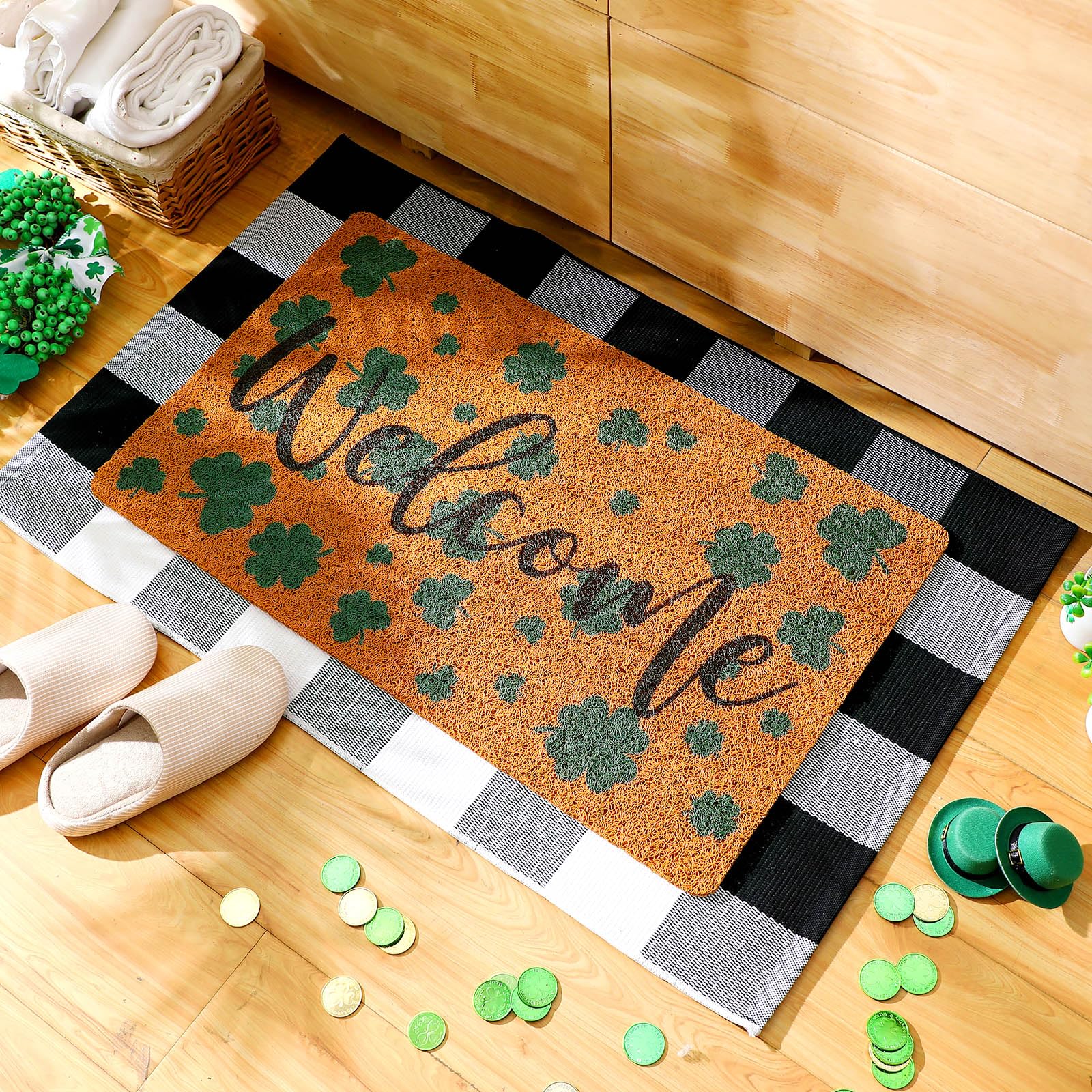 Timgle St. Patrick's Day Doormat Set Include 2 Black and White Cotton Buffalo Plaid Check Rug Non Slip Imitation Coir Welcome Shamrock Doormat and 1 Shamrock Wreath with Bow for Home Indoor Front Door - Image 5