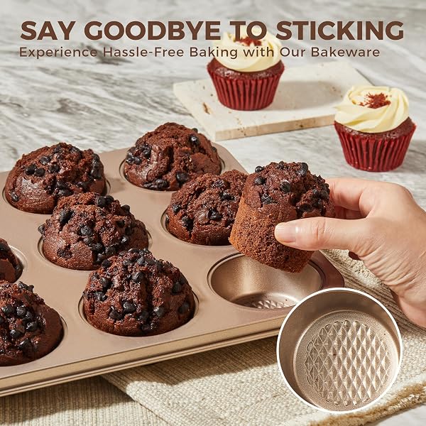 HONGBAKE 9-PIECE BAKING PANS SET NONSTICK, STACKABLE NON TOXIC BAKEWARE SETS WITH DIAMOND TEXTURE, OVEN PAN SET FOR COOKING, INCLUDES COOKIE SHEET WITH RACK, CAKE PAN, ROASTING PAN, MUFFIN TIN, GOLD