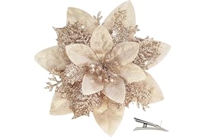 MIKAILE 20PCS Christmas Flowers Artificial with Clip, Christmas Poinsettia Flowers with Glitter Powder Decorations for Christ