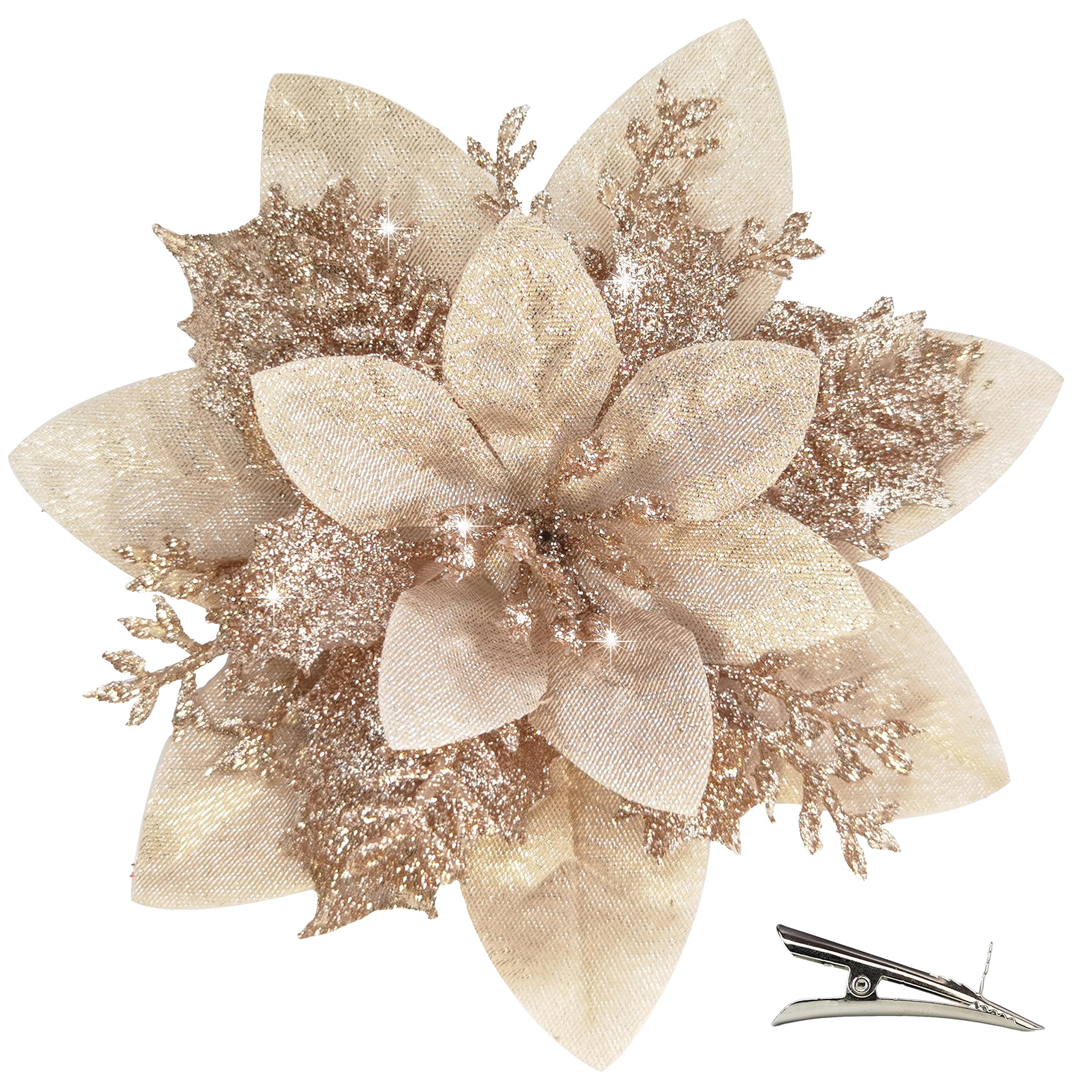MIKAILE 20PCS Christmas Flowers Artificial with Clip, Poinsettia Christmas Decorations with Glitter for Christmas Tree Decorations Garland Wreaths DIY Ornaments (Champagne)
