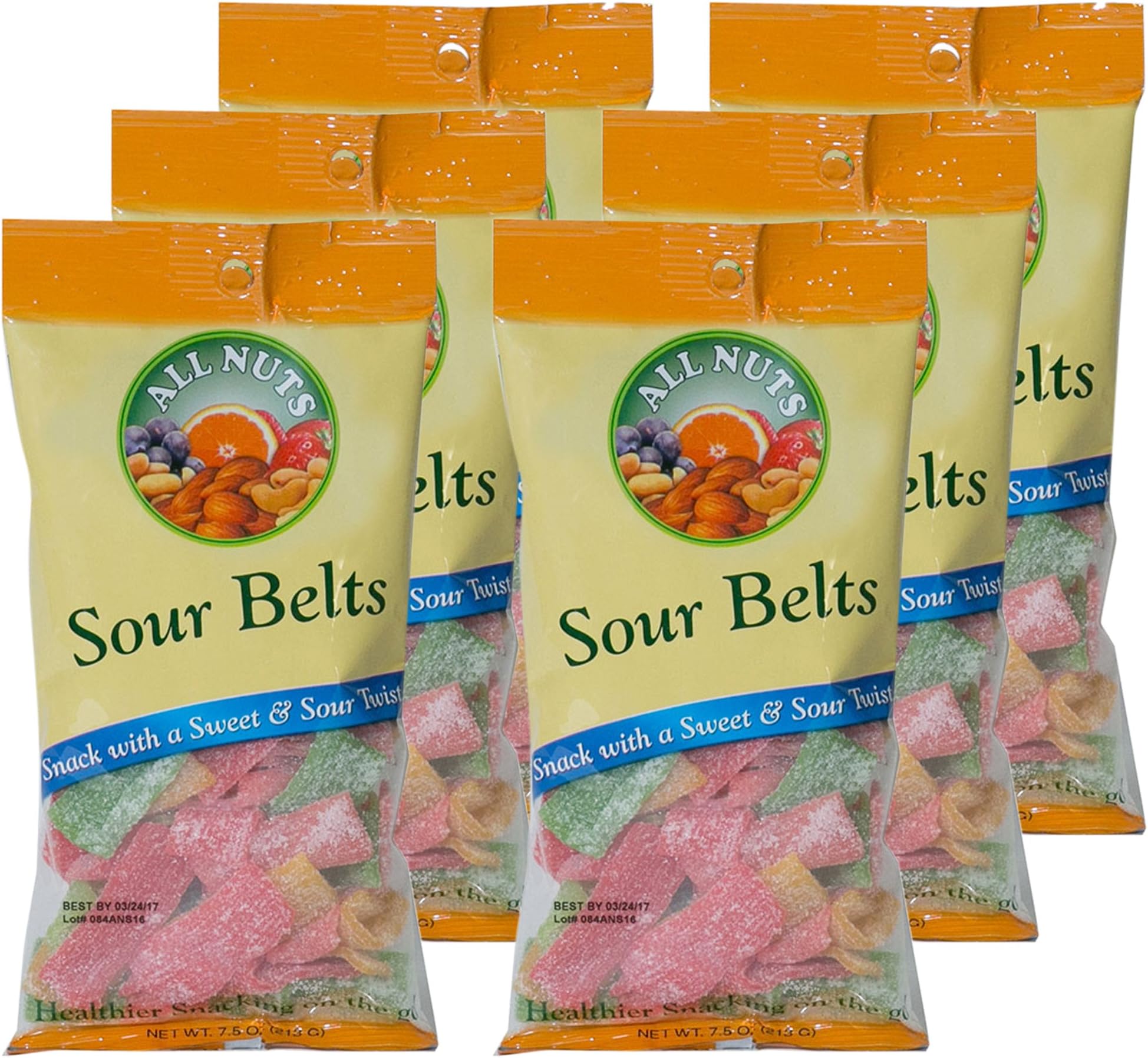 All Nuts 6 Pack Sour Belts Sweet Candy Halal Certified, 7.5oz Bags