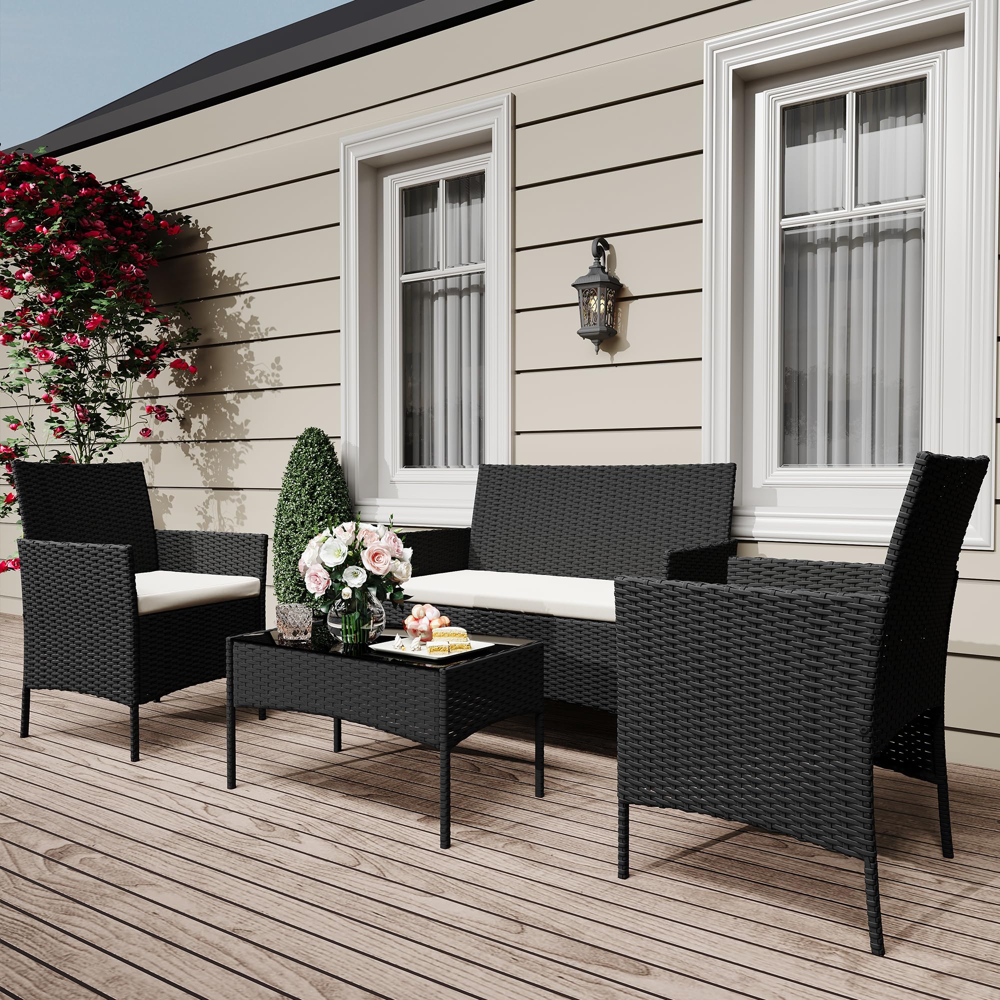 Photo 1 of 4 Pieces Patio Furniture Sets, Outdoor Wicker Conversation Sets with Soft Cushion and Glass Coffee Table, Modern Rattan Patio Chairs Conversation Sets for Garden, Balconies, Poolside (Black/Beige)