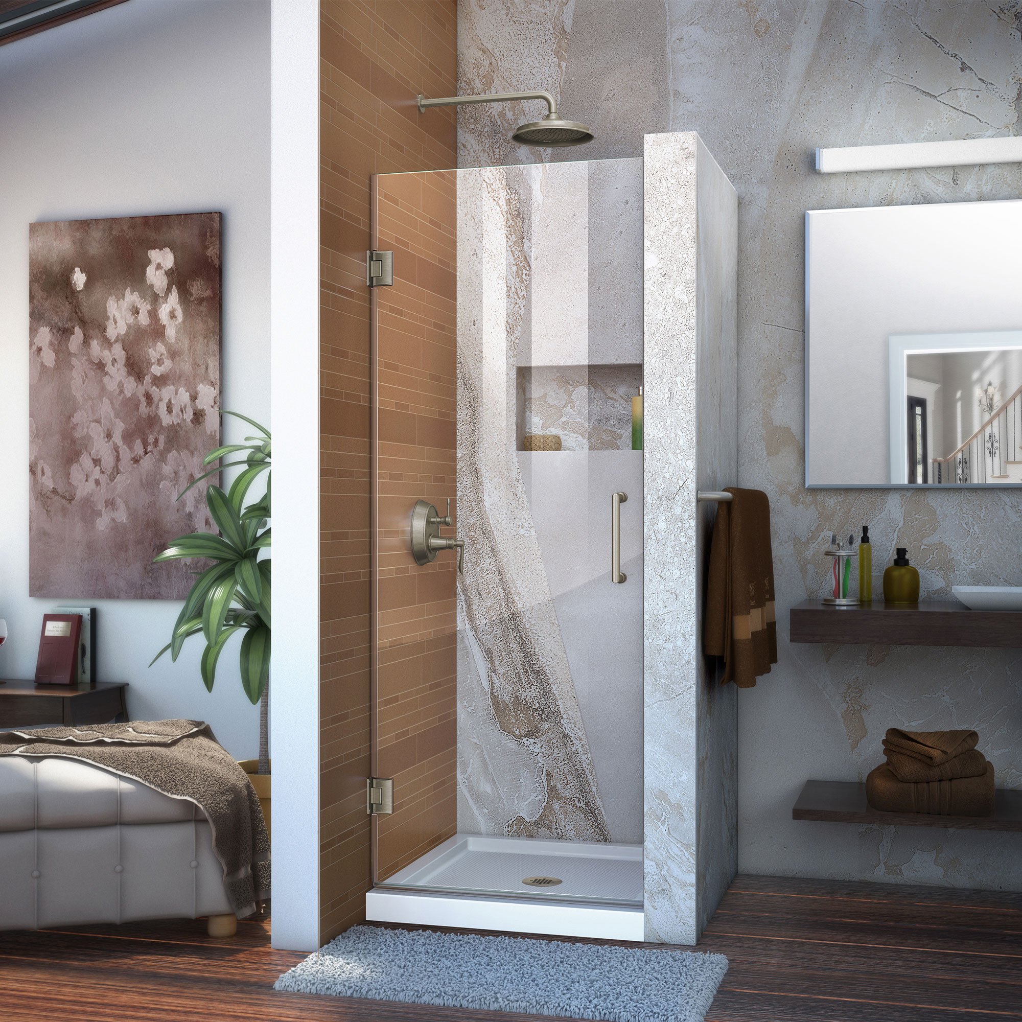 DreamLine Unidoor 32 in. W x 72 in. H Frameless Hinged Shower Door, Clear Glass, in Brushed Nickel, DreamLine Unidoor 30 in. W x 72 in. H Frameless Hinged Shower Door in Brushed Nickel, SHDR-20307210F-04