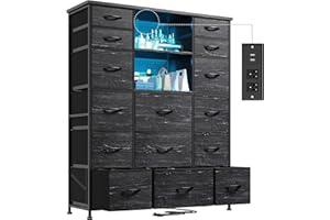EnHomee 51" H Dresser with 15 Drawers Dresser for Bedroom with Charging Station & LED Lights & Hutch Sturdy Black Bedroom Dressers, Steel Frame, Wood Top, 51.2" H x 39.3" W x 11.8" D