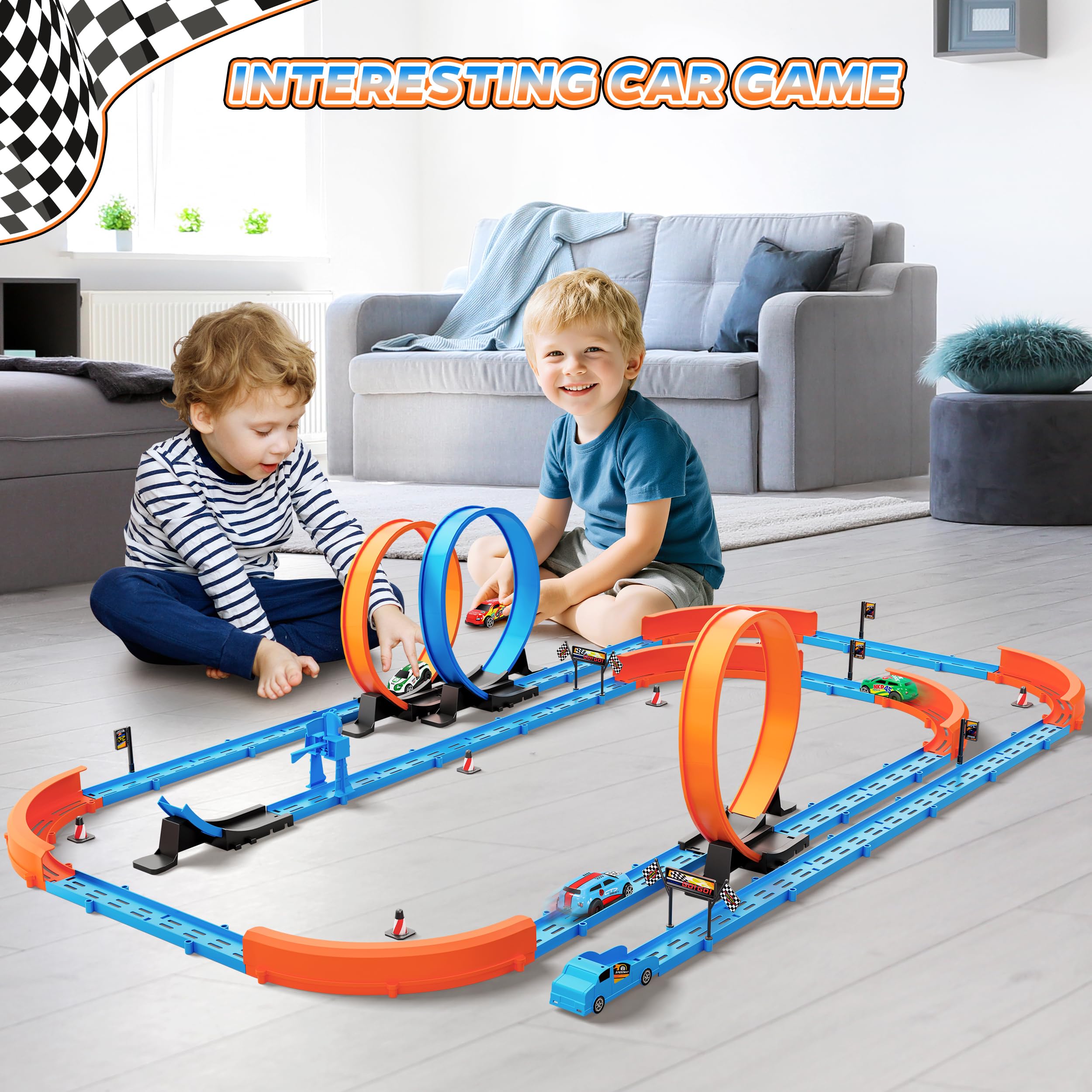 ‌Slot Car Race Track Sets with 360° Thrill Loops & 4 High-Speed Cars, 64 Pcs Large Flexible Racing Track for Kids Ages 3-5 4-8 8-12, Race Car Toys Gift for Boys Girls Birthday Christmas