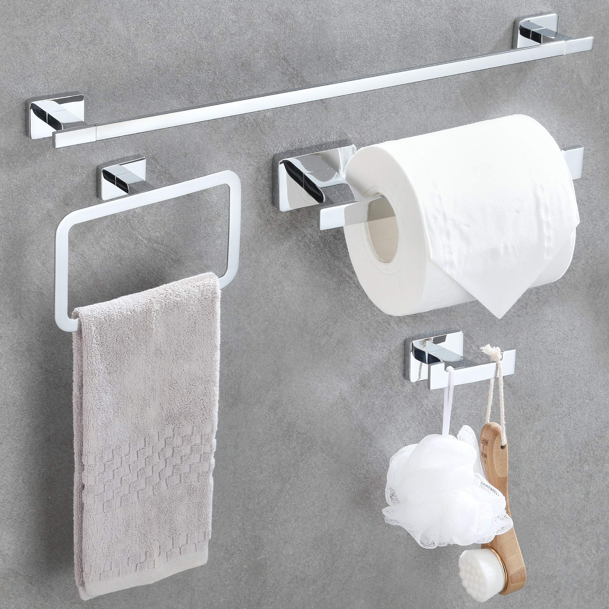 DUFU 4-Piece Bathroom Hardware Set, 40cm Long Towel Rails Stainless Steel Towel Holder Toilet Paper Holder, Rustproof Towel Ring Towel Robe Hook Wall Mounted Towel Storage Rack, Mirror Polish Silver