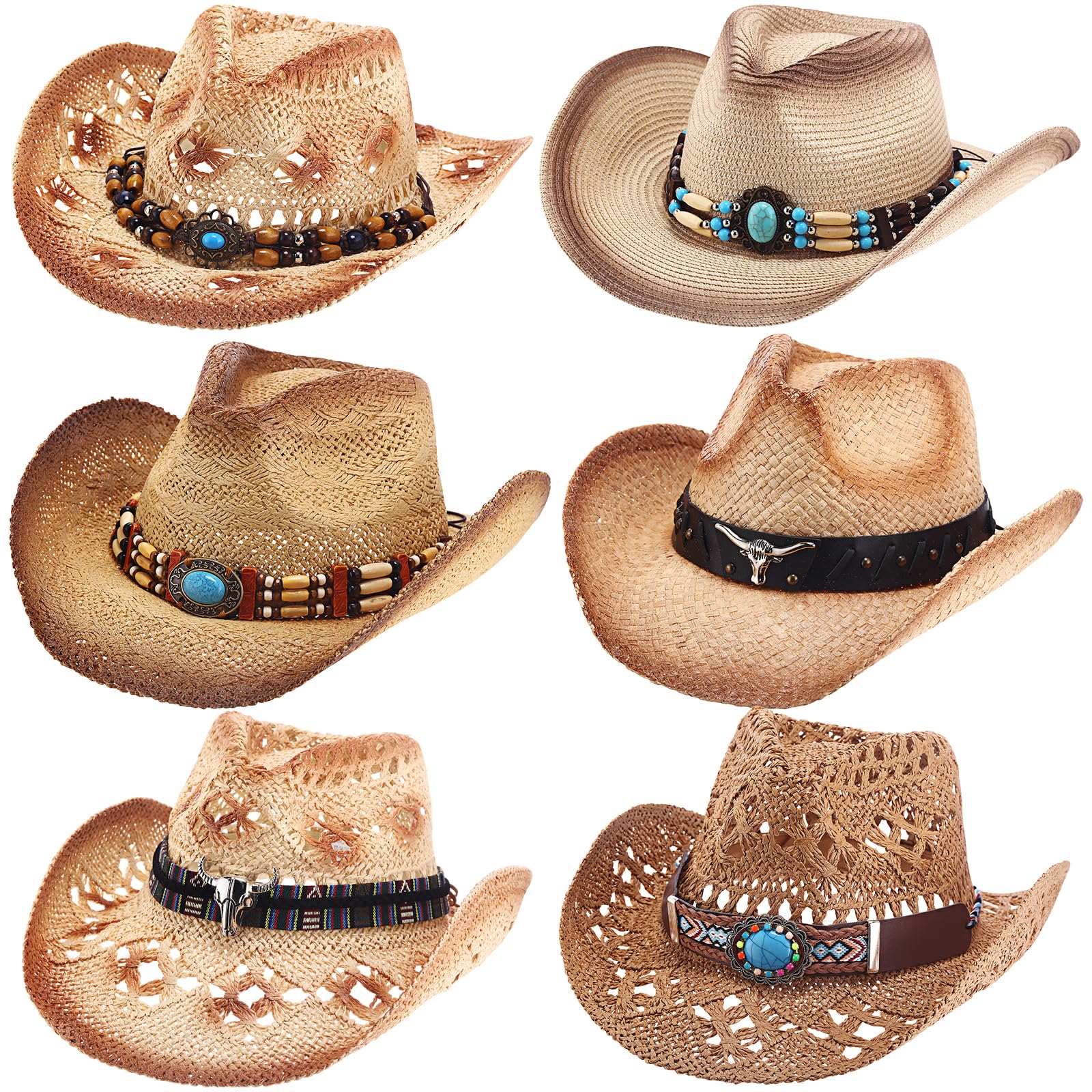 Photo 1 of JaGely 6 Pcs Men's Women's Straw Cowboy Hat Adjustable Western Cowgirl Classic Retro Woven Cowboy Hat with Wide Brim