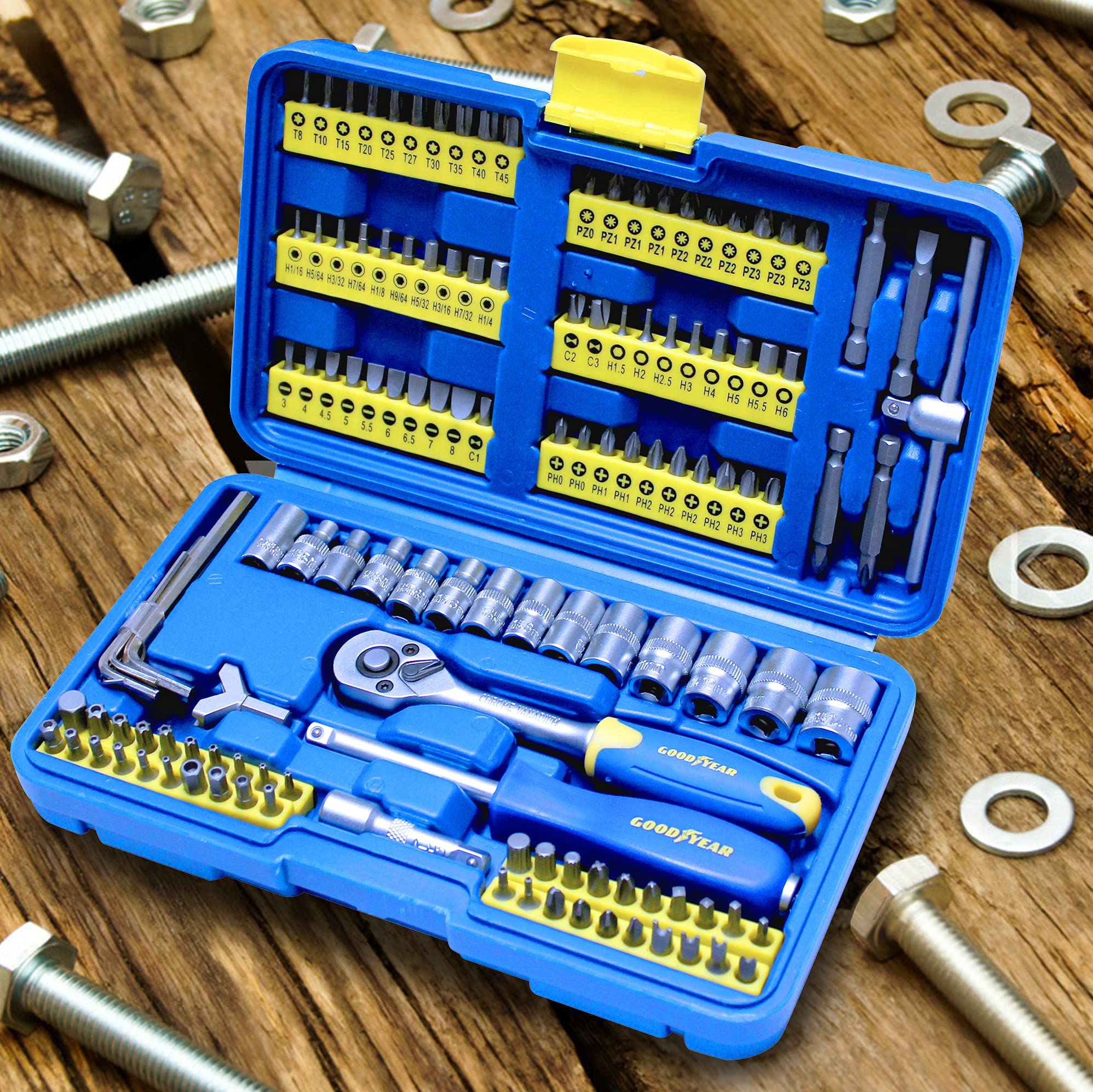 Goodyear 130pc Socket Set + Screwdriver Bits Set Including 72-Teeth Ratchet Handle with Hard Case