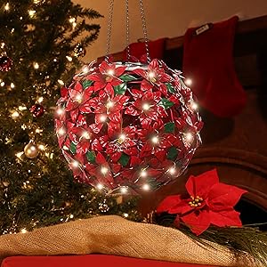 Alpine Corporation QLP924SLR-RD Solar Christmas Hanging Poinsettia Ornament with LED Light Indoor and Outdoor Festive Holiday Décor, 8-Inch, Red