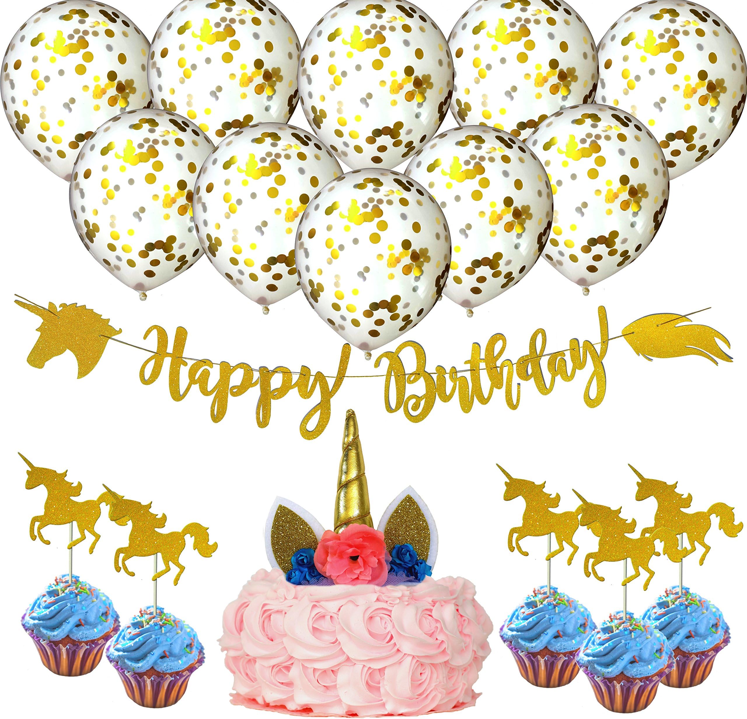 Unicorn Party Supplies Kit for Kids Birthday or Baby Shower - 17 Piece Decoration Set with Unicorn Cake Topper, Cupcake Toppers, Confetti Balloons, and Happy Birthday Banner Accessories