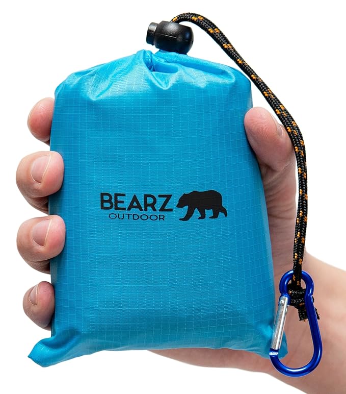 BEARZ Outdoor Beach Blanket/Compact Pocket Blanket 55″x60″ - Lightweight Camping Tarp, Waterproof Picnic Blanket, Festival Gear, Sand Proof Mat for Travel, Hiking, Sports - Packable w/Bag (Blue) best women's travel accessories
