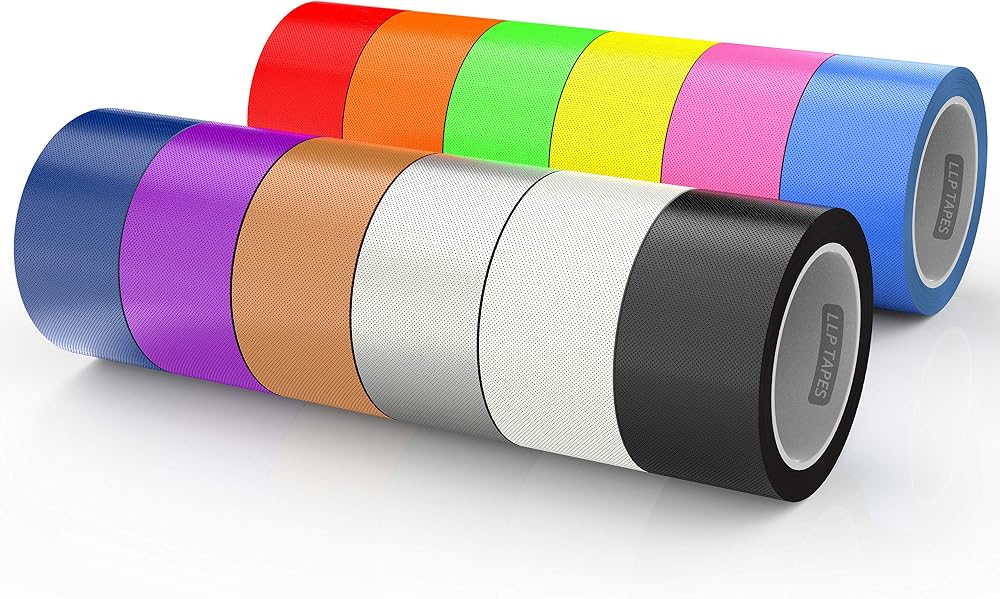 LLPT Duct Tape 12 Packs 50MM x 9M Assorted Colors Dark Blue Pink Yellow Green