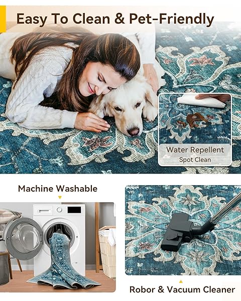 RELEANY AREA RUGS 5’X7′ WASHABLE NON-SLIP, FLORAL VINTAGE DISTRESS PRINT PATTERN MEDALLION CARPET FOR LIVING ROOM BEDROOM DINING ROOM, TEAL GREEN LAKE BLUE TURQUOISE