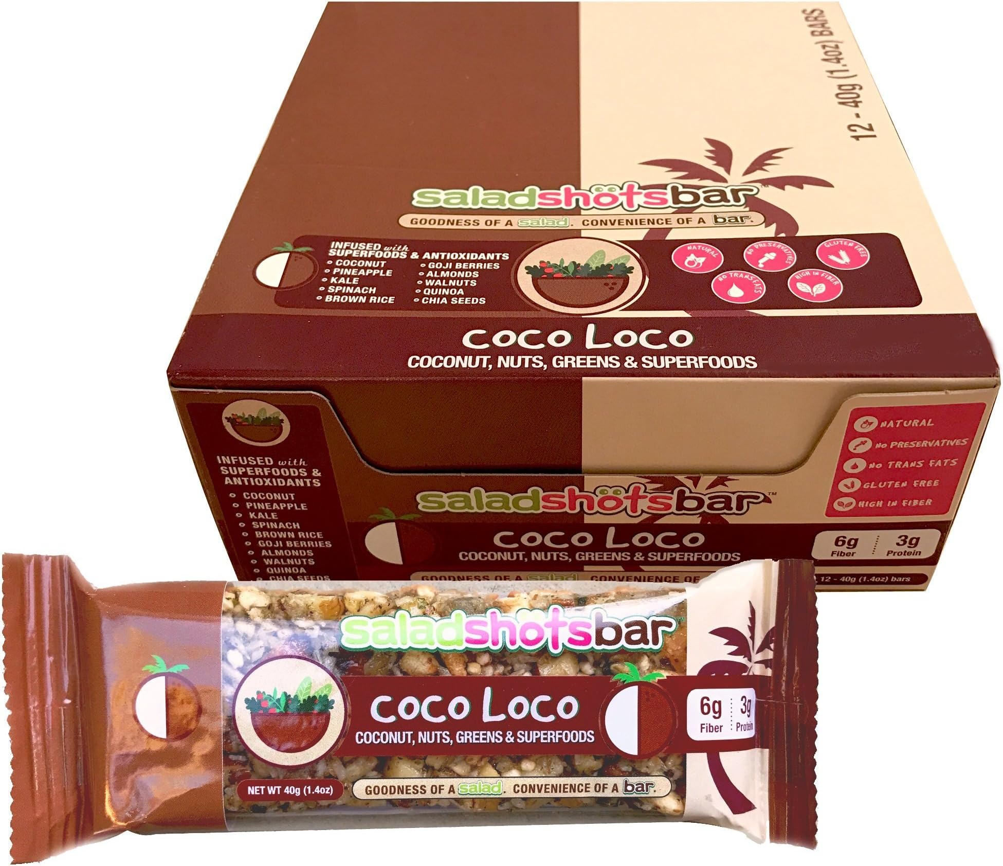 Saladshotsbar Coco Loco, Coconut, Nuts and Greens Salad Nutrition Bar - 1.4oz (12 Pack)