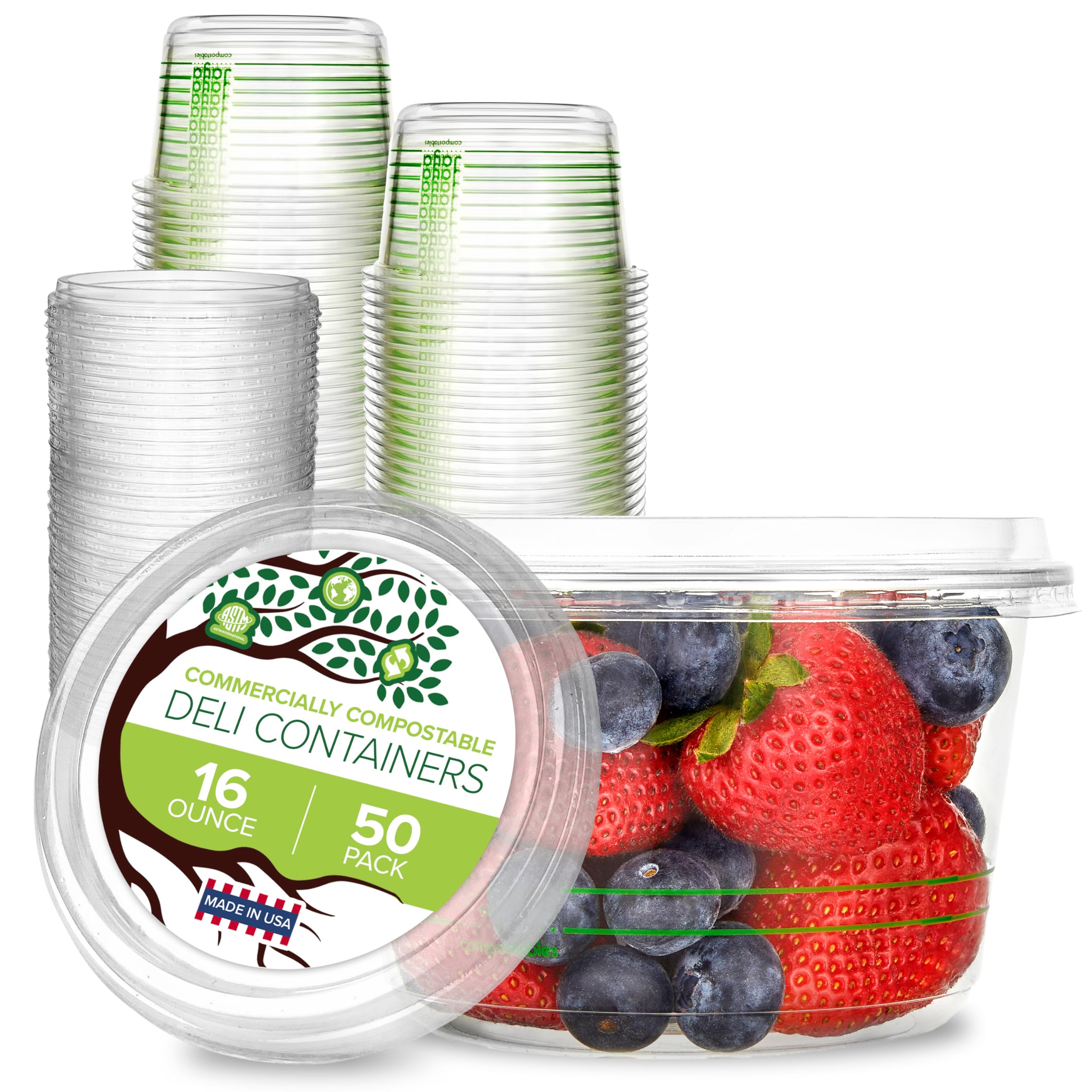 Stock Your Home 16oz Deli Containers Commercially Compostable Plant Based Eco Party container, Environmentally Friendly Recyclable Disposable Sustainable (50 Pack)