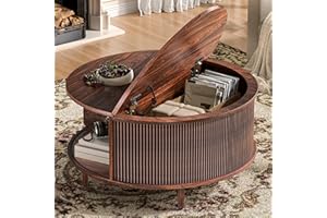 BEROXII Round Coffee Table, 31.5" Fluted Center Table with Storage, Lift-Top Coffee Table with Adjustable Footpads, Sliding Door, Mid-Century Modern Center Table for Living Room, Small Space (Walnut)