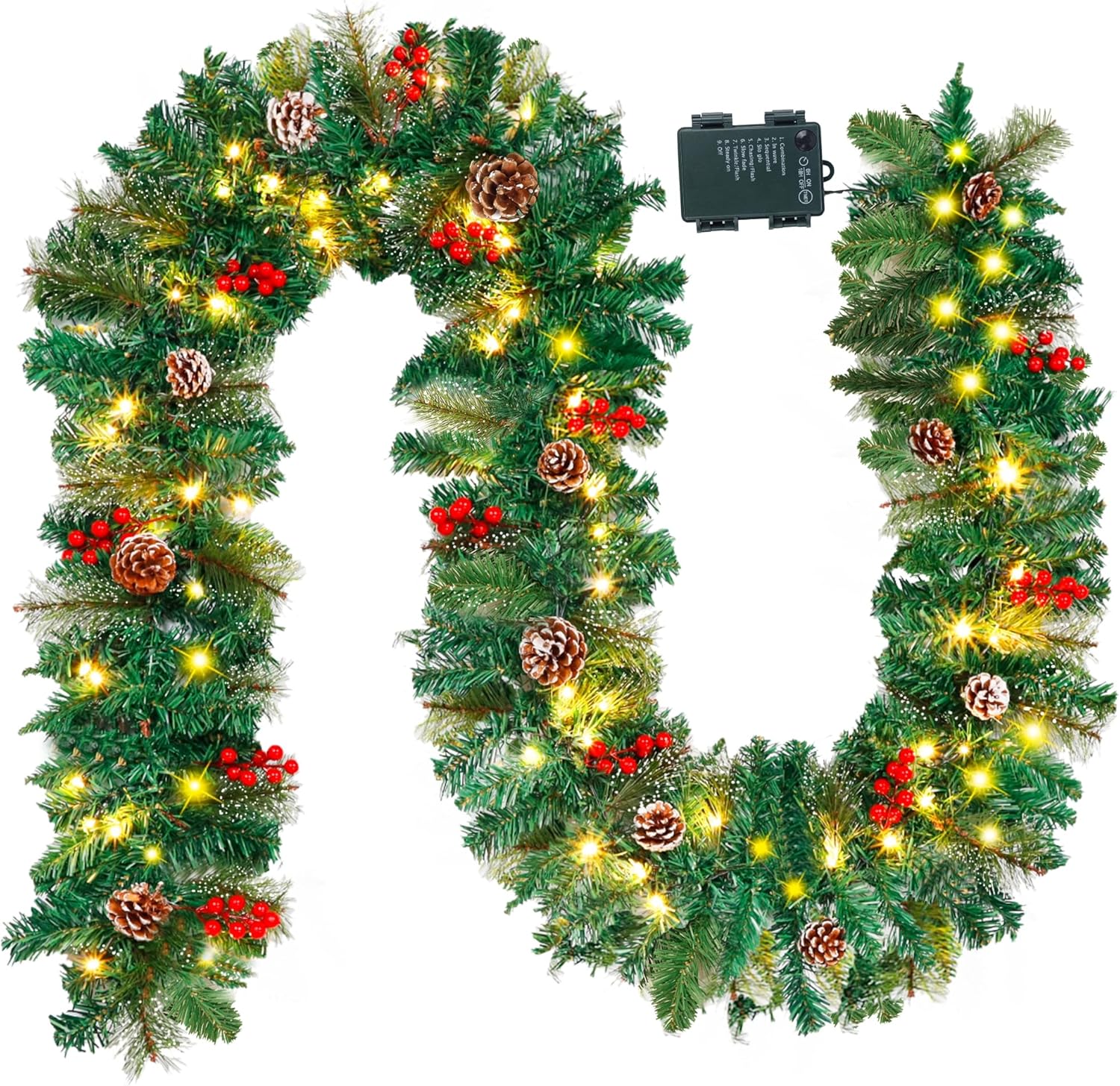 Wreaths, Garlands & Swags - Juegoal 9FT Christmas Garland, Pre-lit Artificial Xmas Garland Decorations Greenery with Berries Cones, Warm White 50 LED Lights, Lighted for Indoor Outdoor Garden Gate Home Winter Holiday New Year