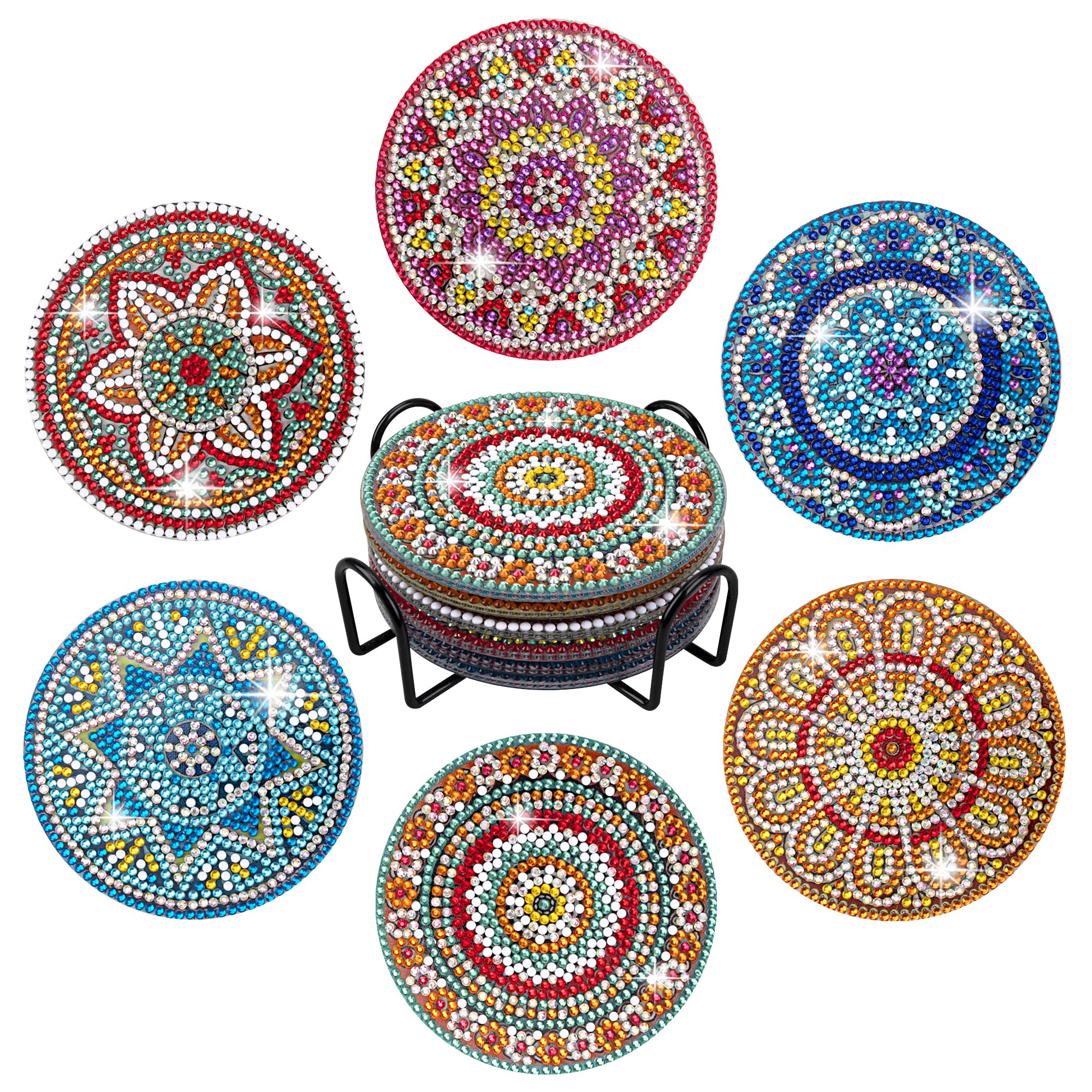 Temlum 6 Pcs Diamond Painting Coasters Kit with Holder, DIY Mandala Diamond Art Coaster Kits for Beginners, Adults Art Craft Supplies