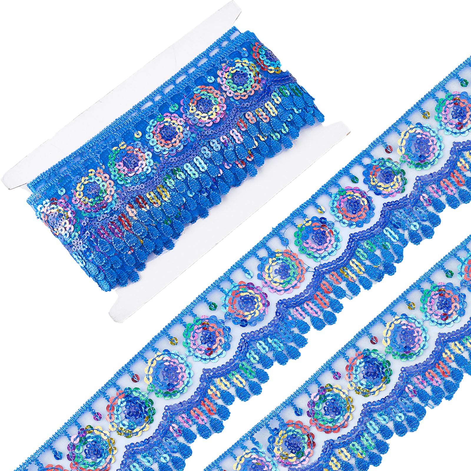 GORGECRAFT 4.5m Blue Ethnic Embroidery Lace Trim 6cm Shiny Floral Sequin Sparkle Lace Ribbon Sun Paillette Polyester Woven Ribbons with Thread Bobbins White Cards for Applique Sewing Diy Craft