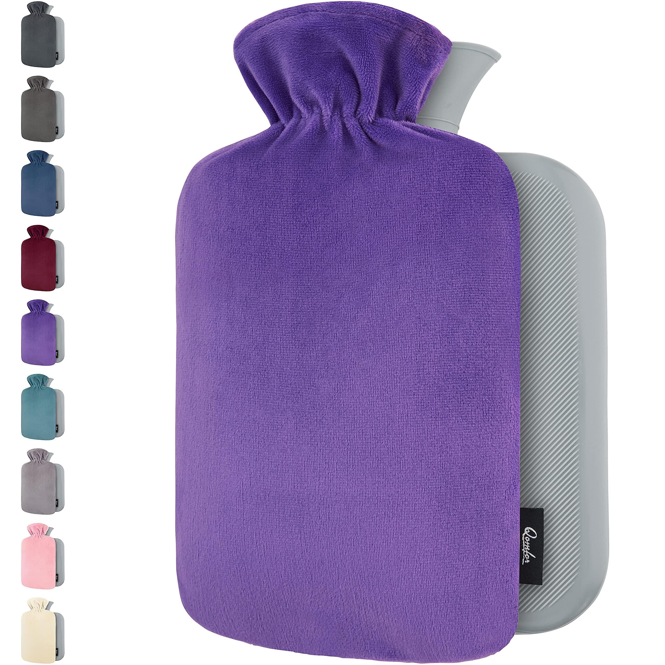 Qomfor Hot Water Bottle with Cover UK - 1.8L Large Soft Water Bottle with Fleece Cover for Period Pain Relief, Back Pain, Adults & Kids - Great Gift for Women (Purple)