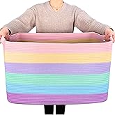 MINTWOOD Design 22in Extra Large Blanket Basket Holder Living Room, Rectangle Rope Woven Storage Basket with Handles for Laundry, Pool Towels, and Shoes, Dog Toy Organizer Bin Box, Pastel Rainbow