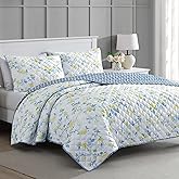 Martha Stewart King Size Quilt Bedding Set - 3 Piece, Soft Washed Microfiber, Printed Bedspread, Reversible, All Season, 1 Quilt, 2 King Pillow Shams, White & Blue, Maribel Floral Print