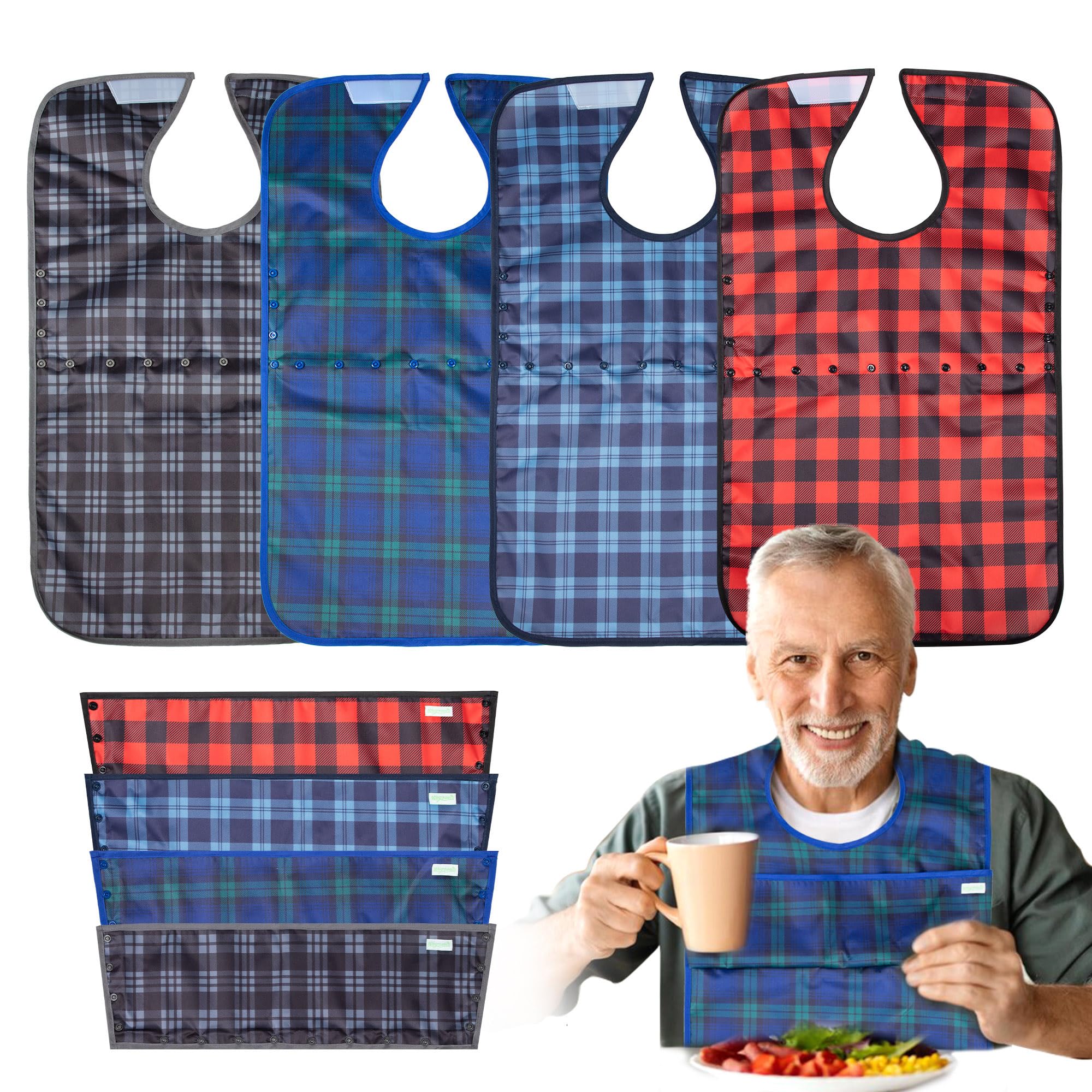 Photo 1 of wegreeco 4 Pack Detachable Pocket Adult Bibs for Elderly Women Men, Clothing Protectors for Adults Eating, Reusable Washable Adults Bibs with Detachable Crumb Catcher for Senior Citizens Checkered