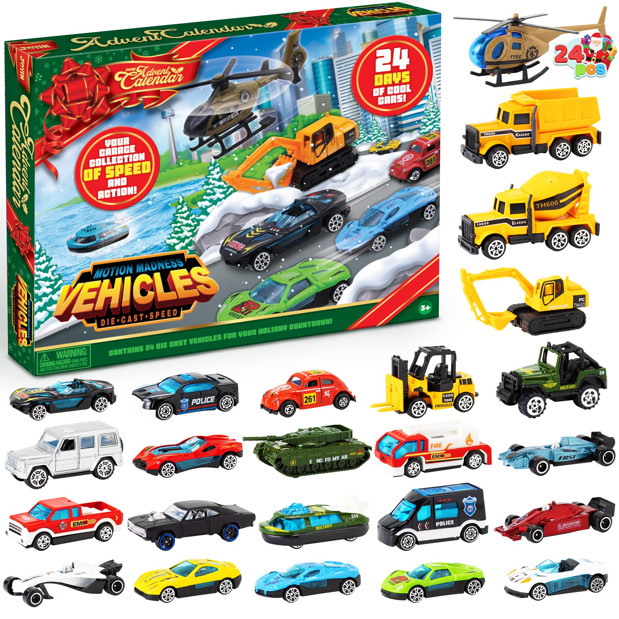 JOYIN 2025 Christmas Advent Calendar for Kids, 24 Days Countdown Calendar Toys with Diecast Cars Set for Boys Kids Party Favors Gift