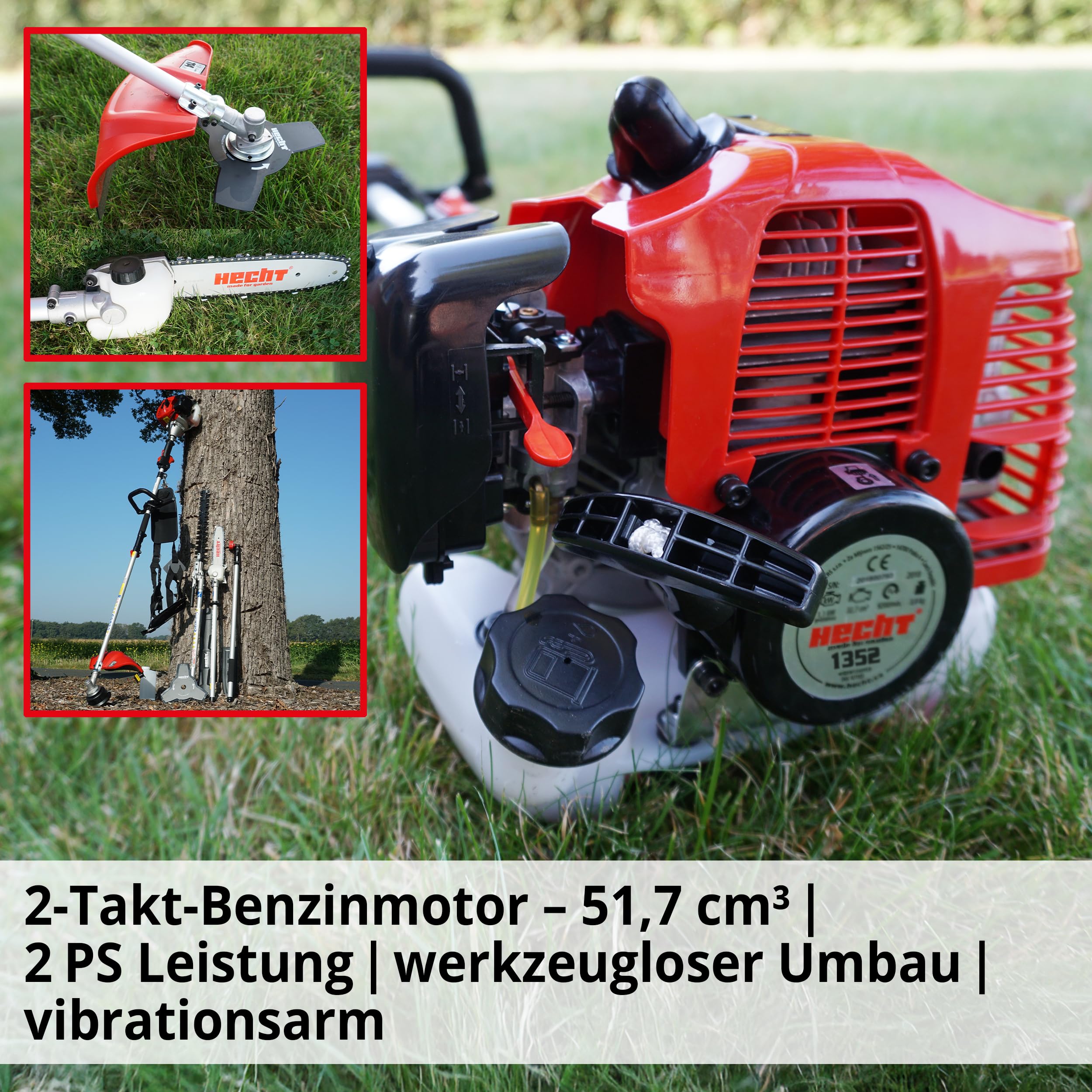 HECHT Hochwertiges 4 in 1 Benzin Multifunktionsgerät - Starke 2 PS - Freischneider, Rasentrimmer, Hochentaster und Heckenschere in Einem I Mit idealer Verlängerung 3