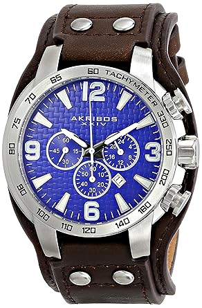 Akribos XXIV Mens AK727BU Chronograph Quartz Movement Watch with Blue Dial and Brown Genuine Leather Strap