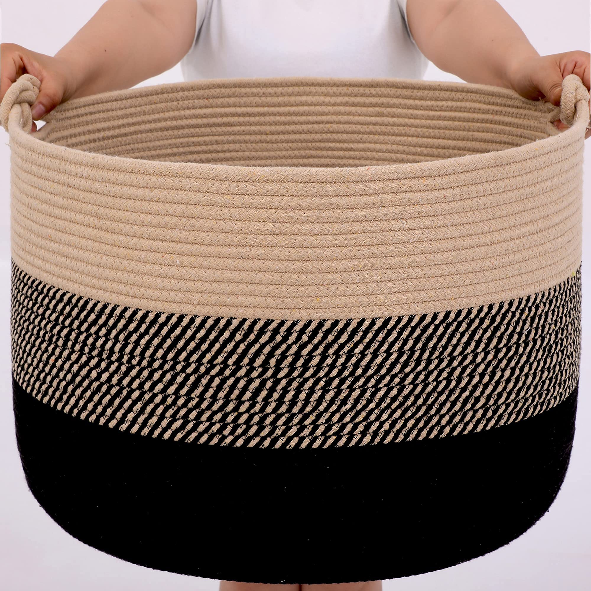 KAKAMAY Large Blanket Basket (20"x13"),Woven Rope Baskets for storage Baby Laundry Hamper, Cotton Rope Blanket Basket for Living Room, Laundry, Nursery, Pillows,Baby Toy chest (Jute/Black)