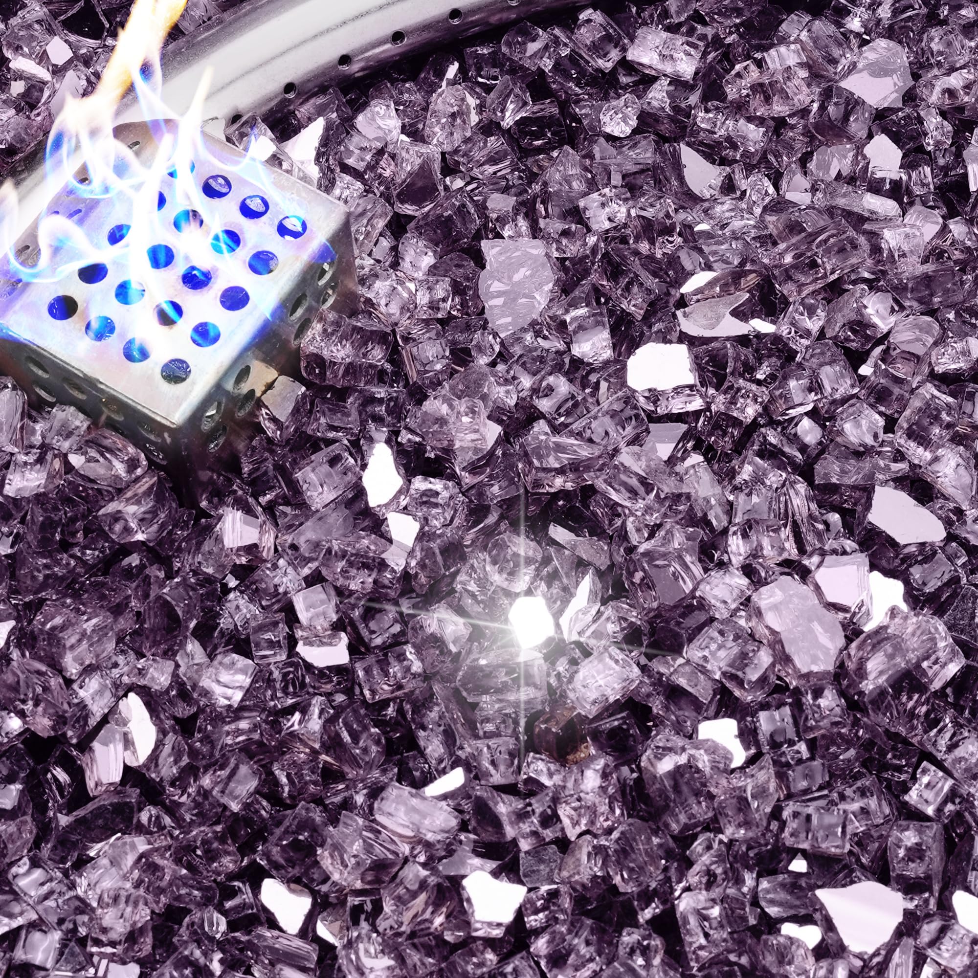 NUPICK 10 Pound Fire Glass, 1/4 Inch Reflective Fire Pit Glass, Tempered Firepit Glass Rock for Propane or Natural Gas, Glass Rocks for Fire Pit Table, Fireplace Glass for Landscaping, Violet Image