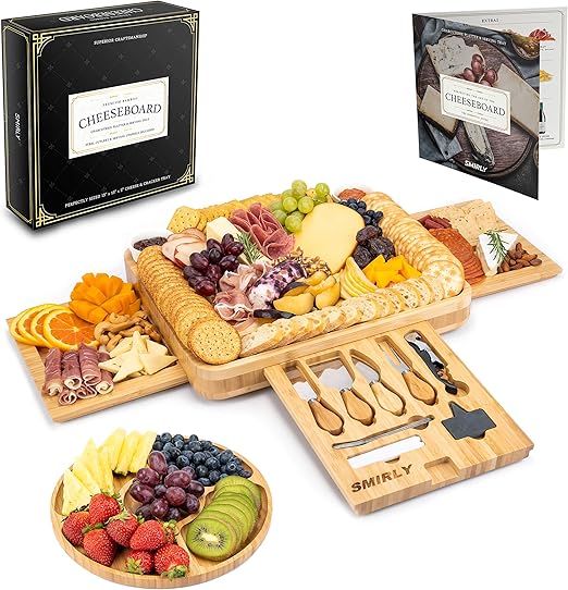 Amazon Com Smirly Cheese Board And Knife Set 16 X 13 X 2 Inch Wood Charcuterie Platter For Wine Cheese Meat Cheese Plates