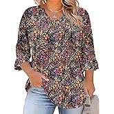 TFSDOD Plus Size Tops for Women V Neck 3/4 Sleeve Pleated Blouses Dressy Casual Fashion Tunic Top (1X-5X)