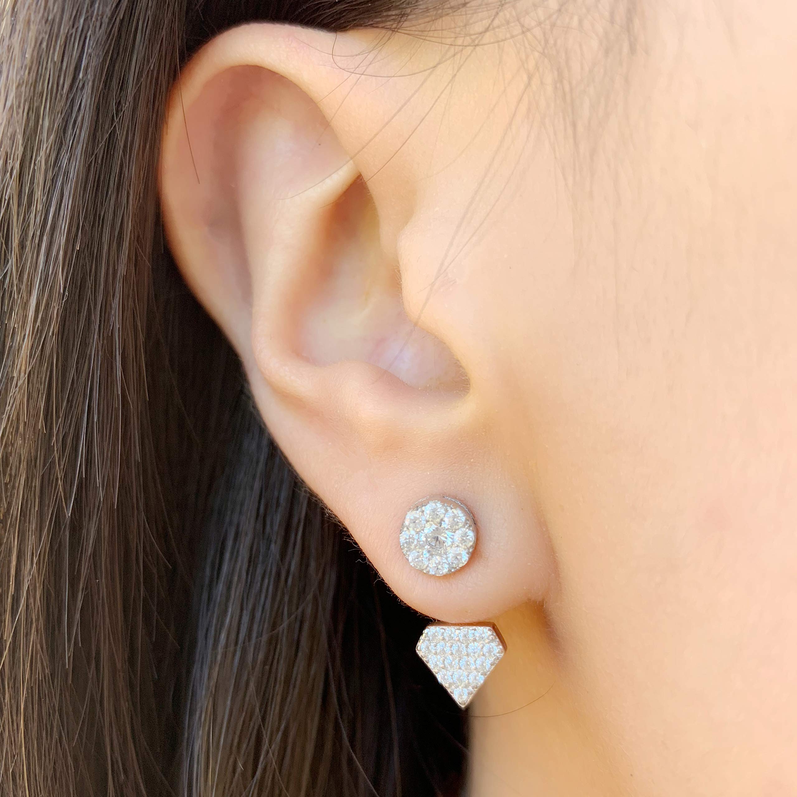 Rhodium-Plated Sterling Silver Cubic Zirconia Halo and Diamond-Shape Design Front Back Stud Earrings