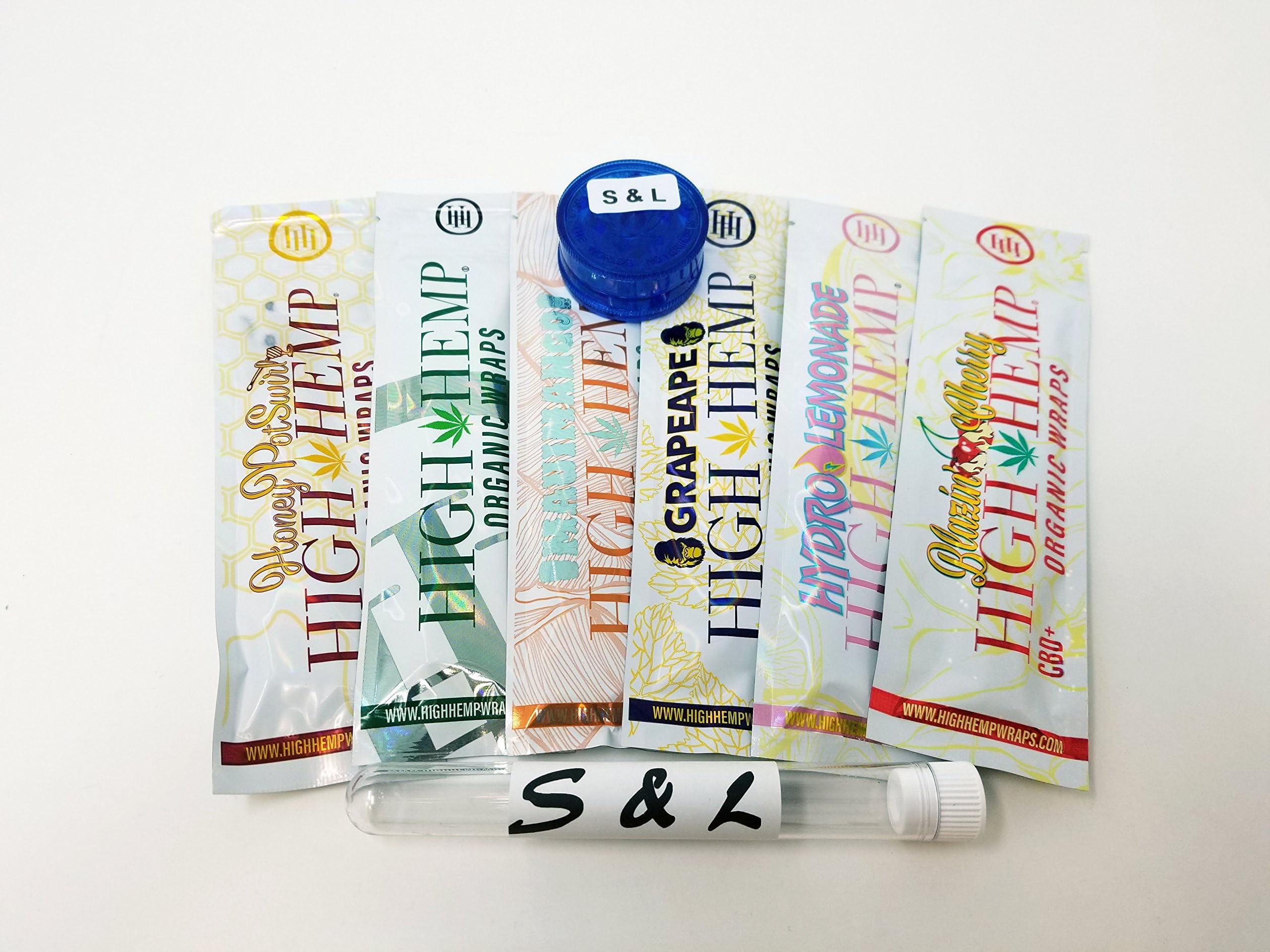 Organic Wraps GMO Free 100% Tobacco Free ECO 6 Flavors 5 of Each Total 30 Packs of 2 Wrap with S and L Smell Proof Tube and 3 Piece Grinder Grapeape, Hydrolemonade, Herbal, Mango, Honey Fresh, Cherry
