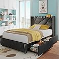 Feonase Upholstered Storage Bed Frame Twin Size with 4 Drawers, Platform Bed with Charging Station & Wingback Headboard, Solid Wood Slats Support, Dark Gray