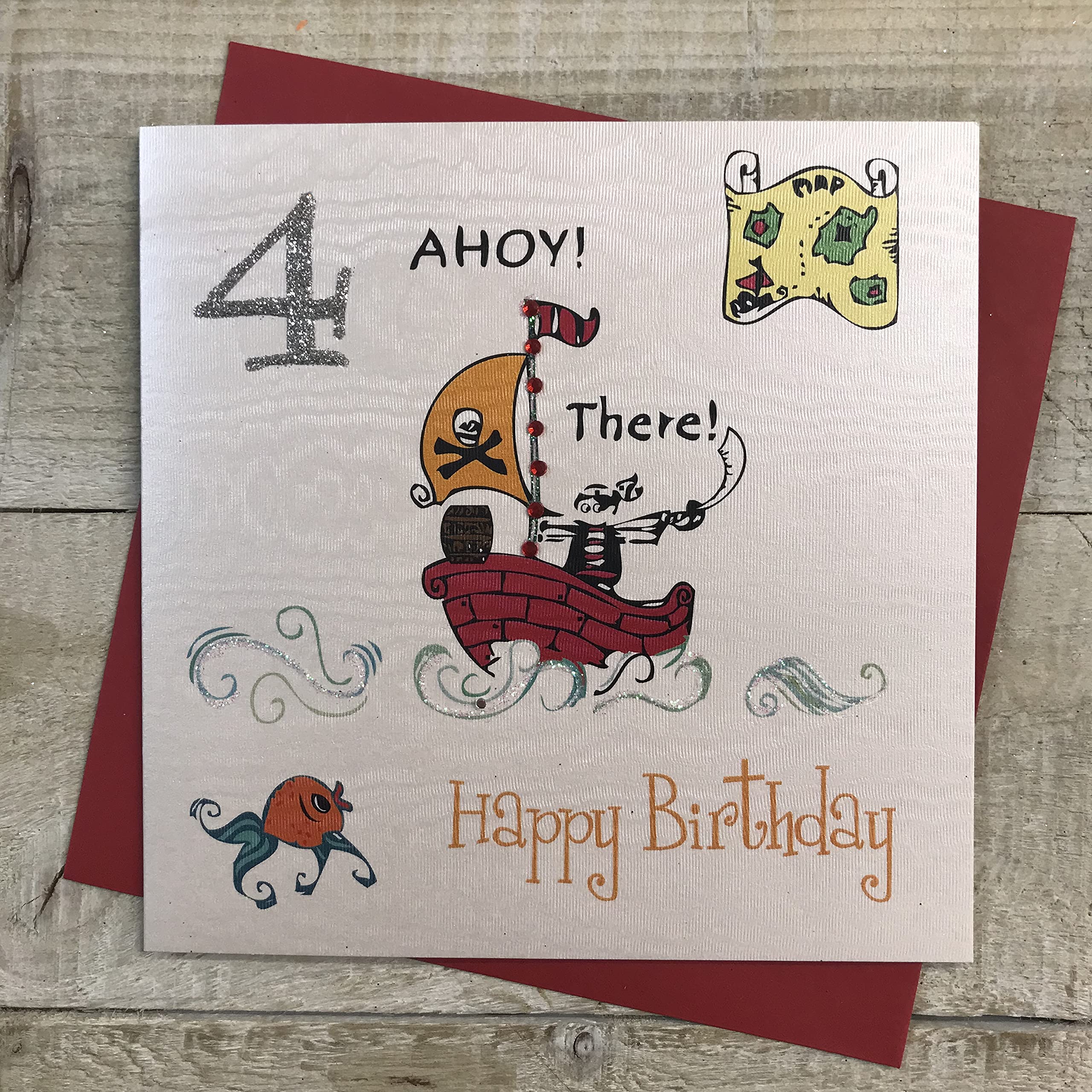 White Cotton Cards Happy, Handmade 4th Birthday Card (Pirate Ship, Age 4)