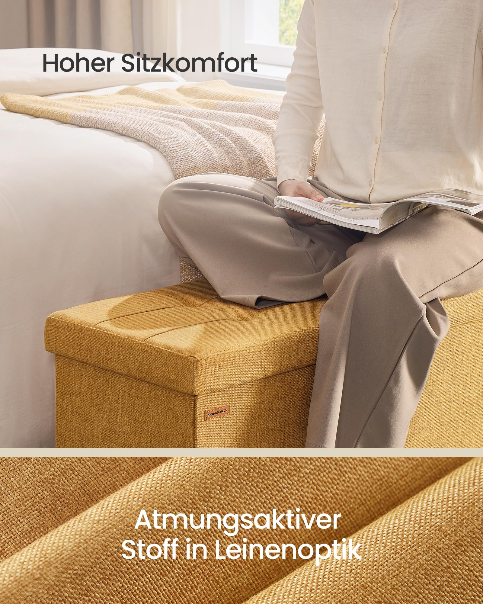 SONGMICS Sitzhocker mit Stauraum, klappbare Sitzbank, 38 x 110 x 38 cm Fußbank, Aufbewahrungsbox, bis 300 kg belastbar, für Wohnzimmer Schlafzimmer Flur, ingwergelb LSF077K04 4