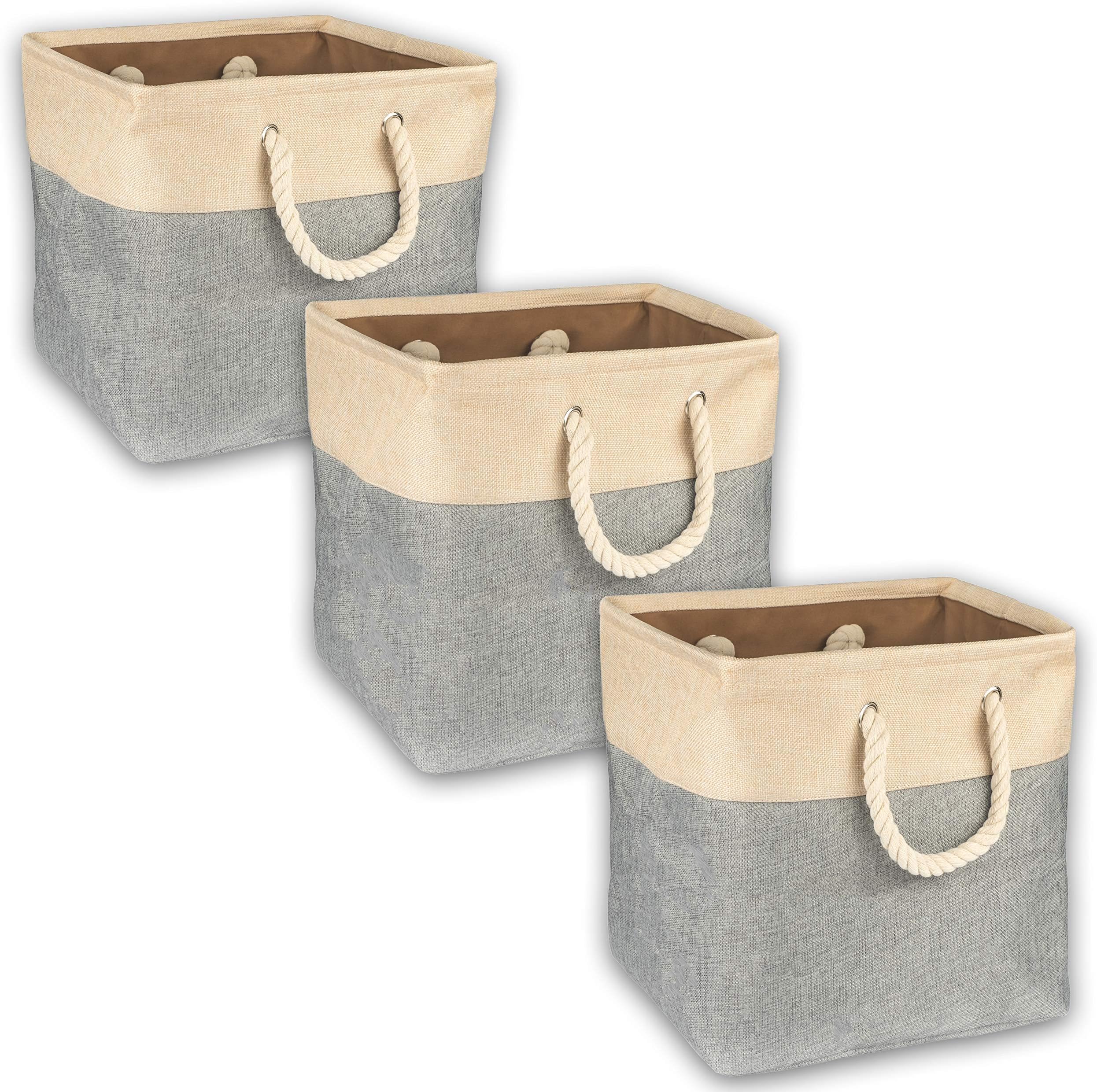 Collapsible Canvas Storage Bin Baskets for Toys, Clothes, Blankets, Towels, Vanity, Closet, Under Bed Organization โ Gray Sturdy Woven Fabric Folding Tote Cubes with Rope Handles, Set of 3. Top Amaze