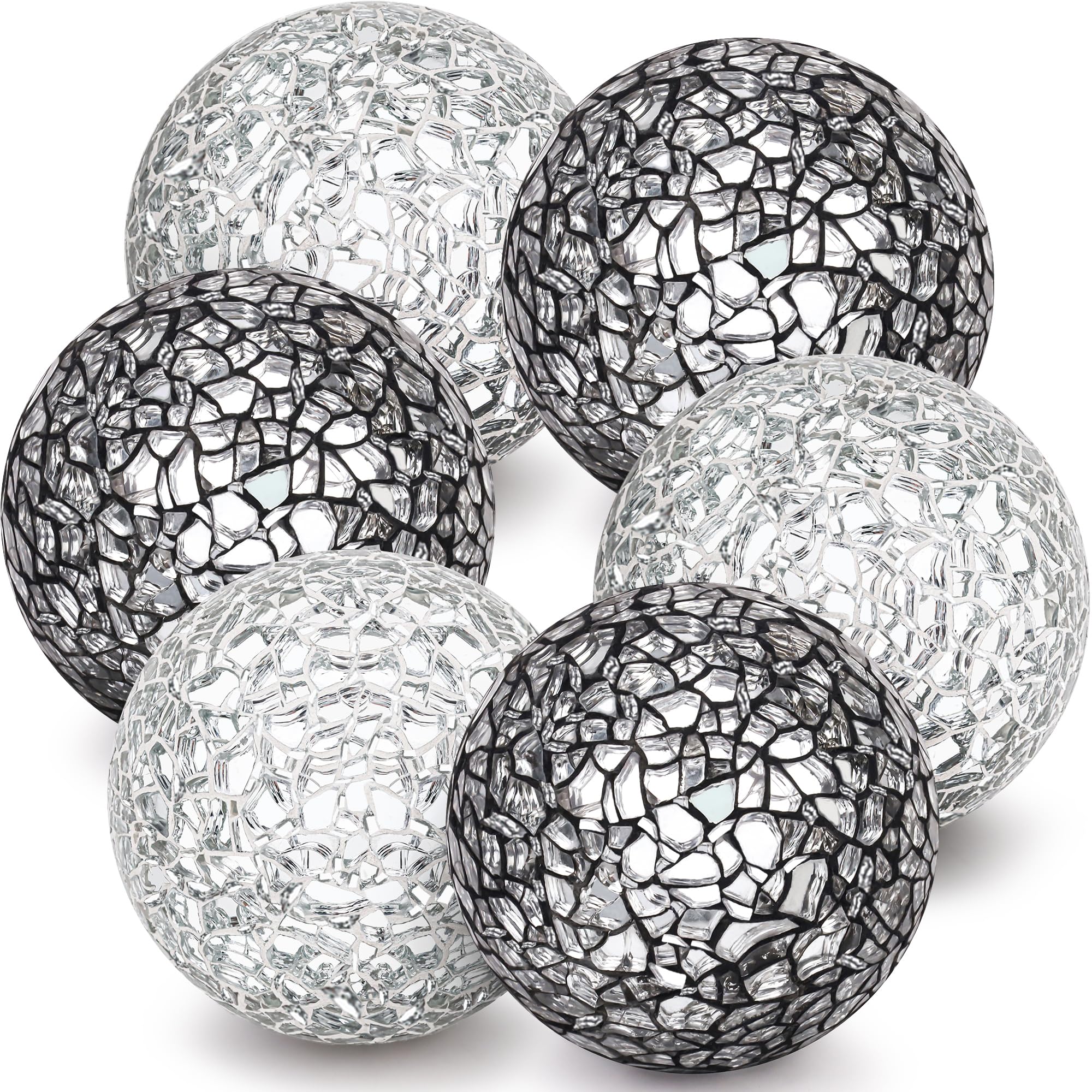 Kepfire 6 Pack Black Decorative Balls for Bowl,2.4 Inch Silver Decorative Glass Balls for Bowls Vase Filler,Mosaic Crack Orbs Decorative Balls for Table Centerpiece,Christmas Thanksgiving Decorations