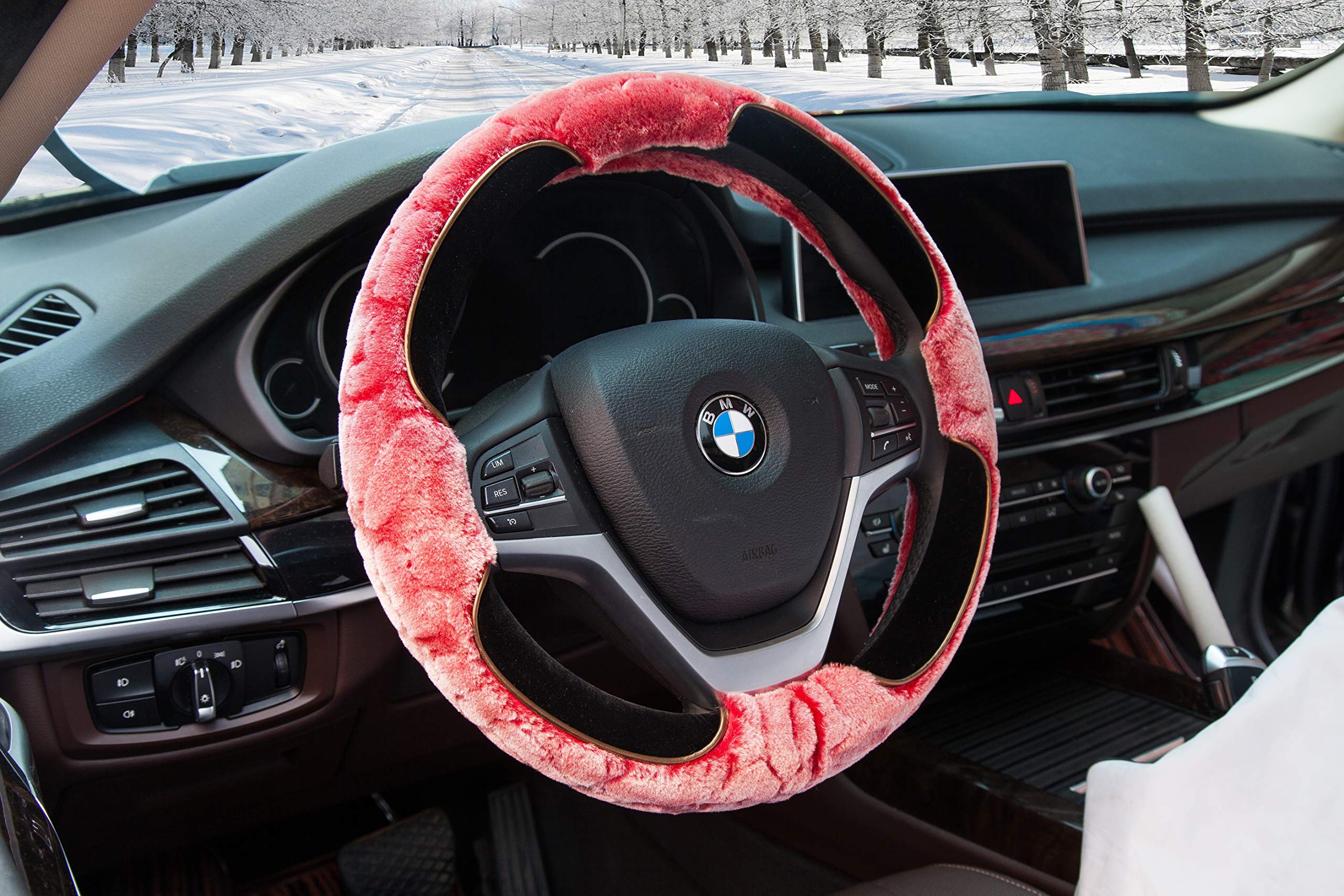 Furry Steering Wheel Cover 15 Inch Faux Wool Soft Fur Warm Winter Universal for Auto Car SUV (Short Plush, Red)